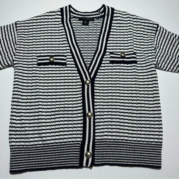 Tahari Knit V-Neck Cardigan; Black/White Stripes; Silver Accents - Women Medium - Picture 2 of 15